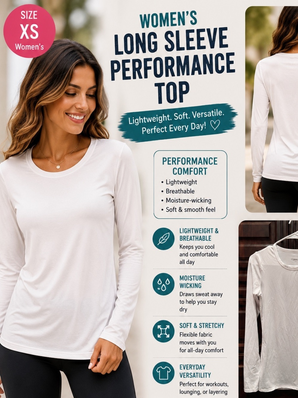 32 Degrees dri fit White Long Sleeve Crew Neck Top